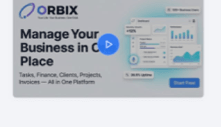 ORBIX product preview — dashboard showing finance, projects, and revenue widgets with voice-command interface